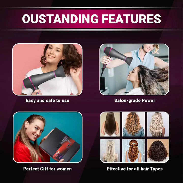 VGR Professional Hair Dryer V402 - With Diffuser, Gray With Pink 2200W 3 Heating Settings