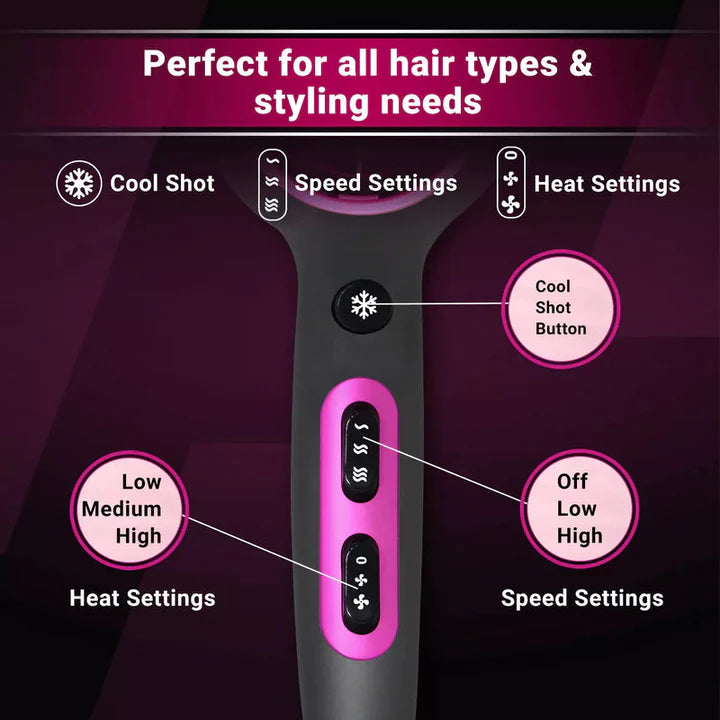 VGR Professional Hair Dryer V402 - With Diffuser, Gray With Pink 2200W 3 Heating Settings