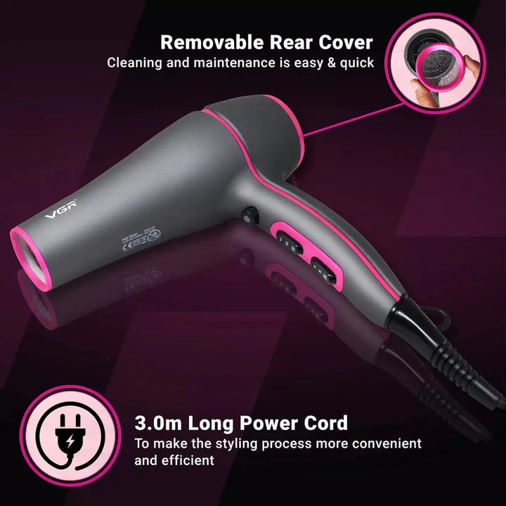 VGR Professional Hair Dryer V402 - With Diffuser, Gray With Pink 2200W 3 Heating Settings